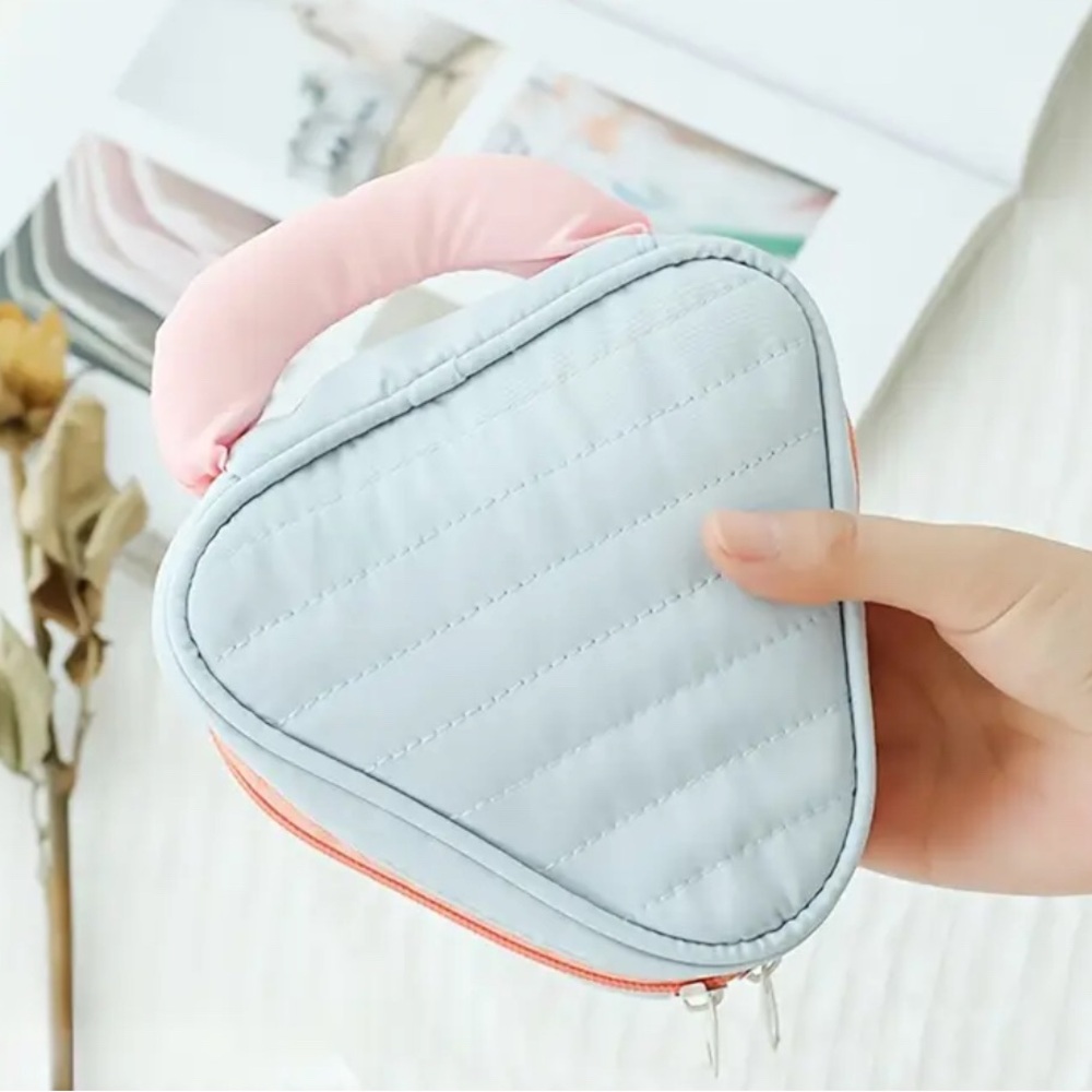 Heart-Shaped Pink and Light Blue Quilted Cosmetic Bag